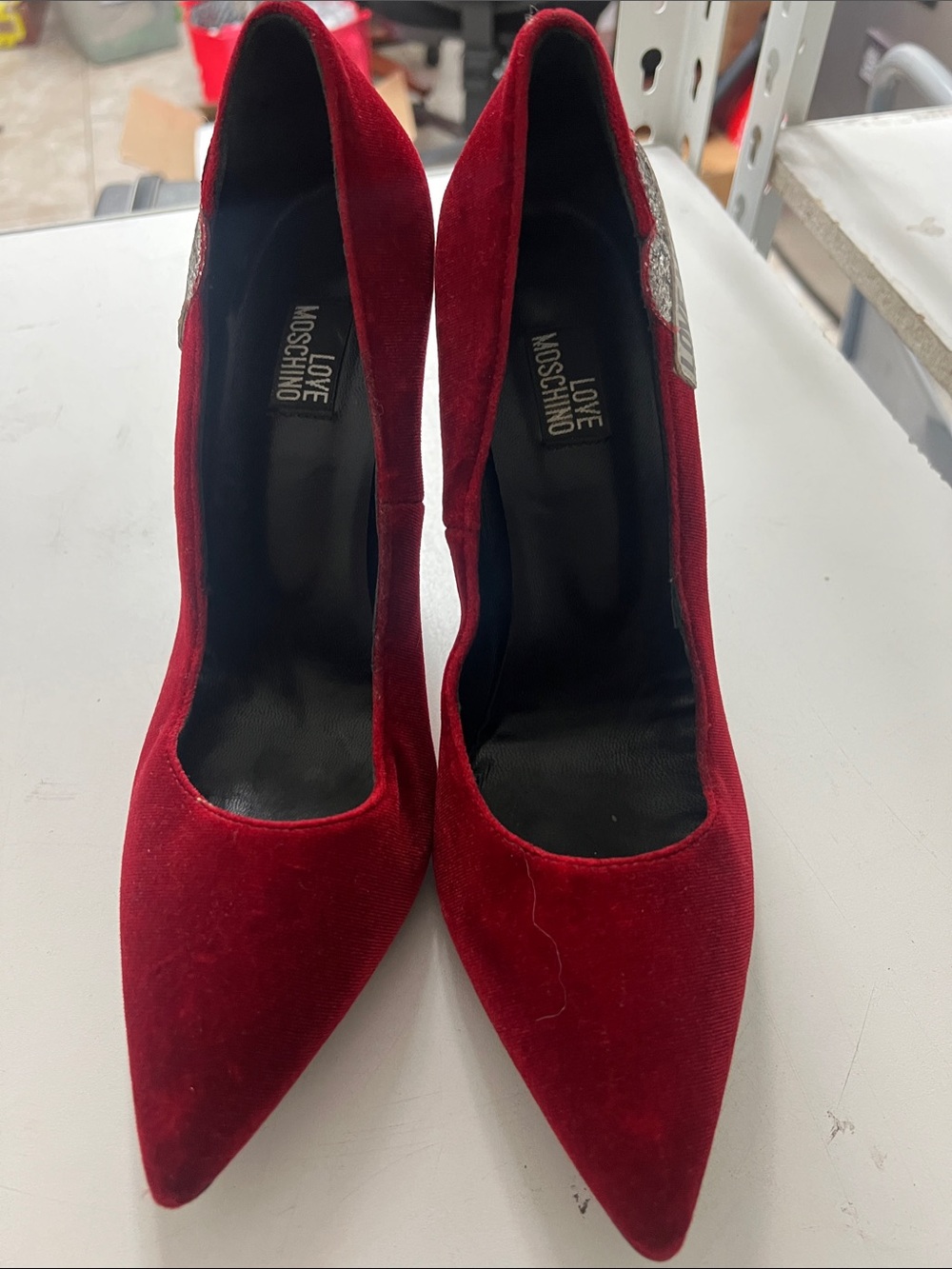 Love Moschino Red Velvet Pointed Pumps with Embellished Heel Accent